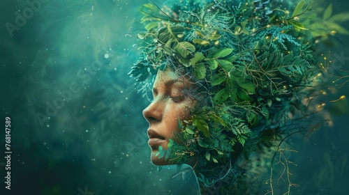 Someone dresses up like Mother Earth with hair made of leaves.