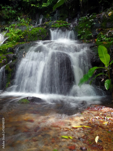 Long exposure view of water streams of waterfall in the forest.