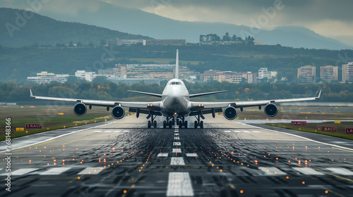 A front view showcases plane as it completes its landing on the runway at the airdrome activity of the airport below highlight the dynamic nature of air travel. photo
