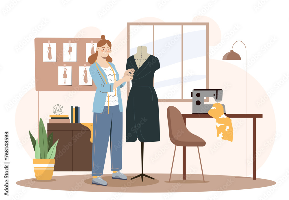 Fashion designer at workshop concept. Woman near mannequin with green dress at studio. Elegance and aesthetics. Seamstress and atelier at workplace. Cartoon flat vector illustration - obrazy, fototapety, plakaty 