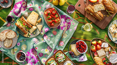 Aerial View of Picnic Blanket Spread with Delicious Food in Park Setting