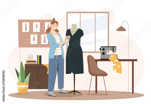 Fashion designer at workshop concept. Woman near mannequin with green dress at studio. Elegance and aesthetics. Seamstress and atelier at workplace. Cartoon flat vector illustration