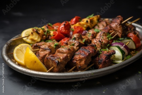 Hearty kebab on a porcelain platter against a grey concrete background
