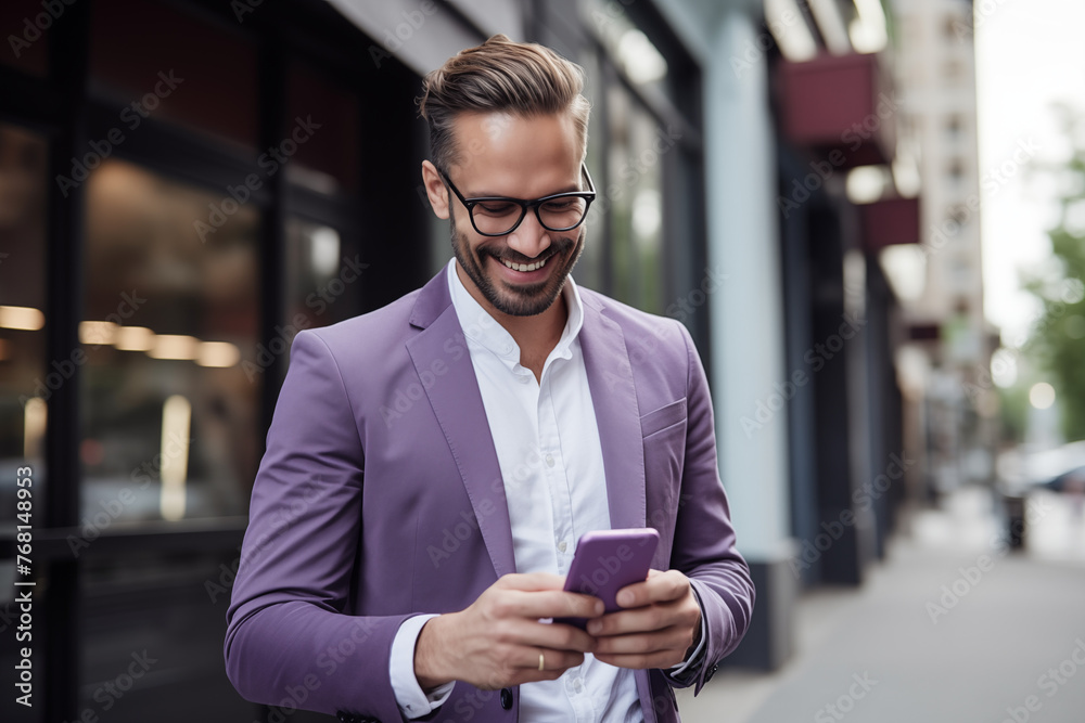 A man in a purple suit smiling while looking at his cell phone A man in a purple suit smiling while looking at his cell phone