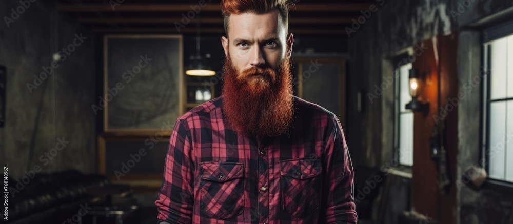A man with a red beard and punk hairstyle stands confidently in an urban fashion studio. He is wearing a trendy shirt and poses for a portrait with a vignette effect, showcasing his unique lifestyle.