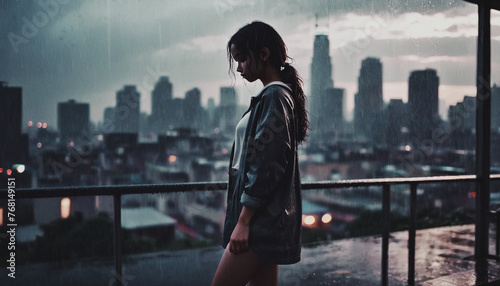 ragazza triste in piedi sotto la pioggia, panorama urbano sullo sfondo