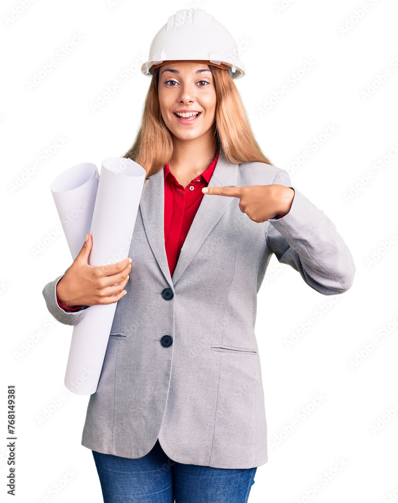 Beautiful young woman wearing architect hardhat holding build project smiling happy pointing with hand and finger