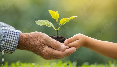 elderly man giving young plant to child's hand on green natural background. Ecology, environment protection for new generation 