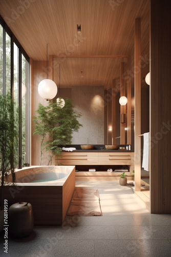 Bathroom interior in modern house in Japandi style.