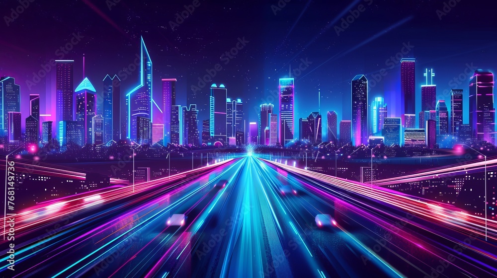 Futuristic cityscape at night, featuring bright and glowing neon purple and blue lights on a dark background, with a wide highway in the foreground, presented in cyberpunk and retro wave style.