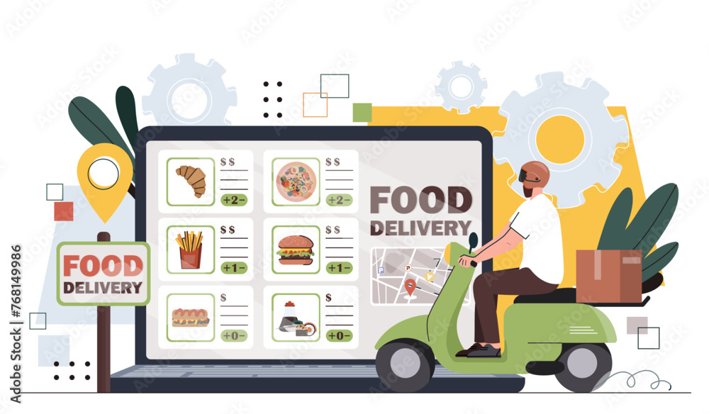 Food delivery service concept. Courier at scooter near digital tablet. Fast food and takeaway eating. French fries and hamburger. Cartoon flat vector illustration isolated on white background Food delivery service concept. Courier at scooter near digital tablet. Fast food and takeaway eating. French fries and hamburger. Cartoon flat vector illustration isolated on white background
