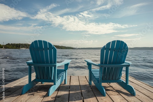 Facing the blue Adirondack chairs on wooden dock evoke travel vibes © Jawed Gfx