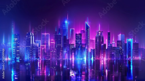 Futuristic cityscape at night  featuring bright and glowing neon purple and blue lights on a dark background  with a wide highway in the foreground  presented in cyberpunk and retro wave style.