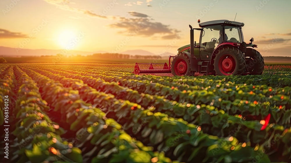 Tractor spraying pesticides on soybean field with sprayer at spring Tractor spraying pesticides on soybean field with sprayer at spring
