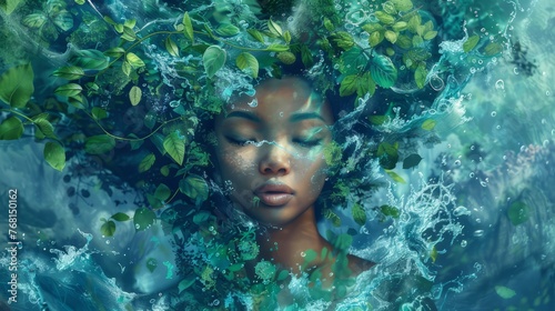 An African American mother earth whose hair is full of leaves and whose eyes are closed. Someone who lives the role of Mother Earth. © an
