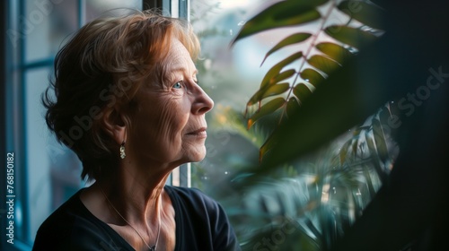 Portrait of an elderly woman looking out a window