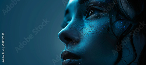 Woman with closed eyes, illuminated in the style of soft blue light against a dark background