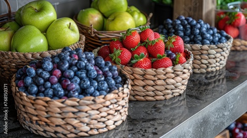 Nature s Palette  A picturesque scene unfolds with baskets of fresh green apples  succulent strawberries  and plump blueberries  adding a burst of color to the kitchen.