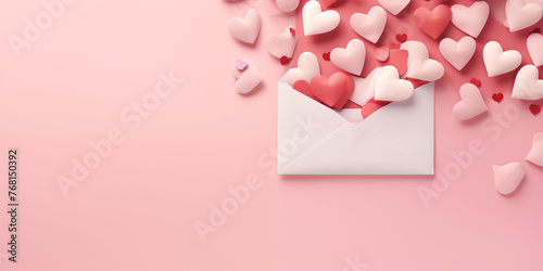 Love letter envelope with paper craft hearts - flat lay on pink valentines or anniversary background with maximum copy space