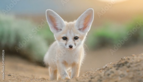 cute baby fennec fox walking in the desert