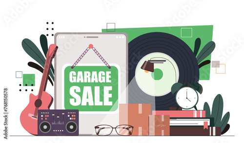 Garage sale online concept. Guitar and vynil plastic disc. Items for sale. Store and shop for neighbors. Second hand books. Cartoon flat vector illustration isolated on white background