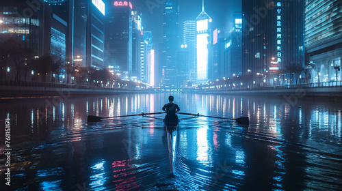 A bustling urban environment  surrounded by skyscrapers  navigating through the city s waterways  neon lights reflecting off the water s surface  capturing the fusion of athleticism.