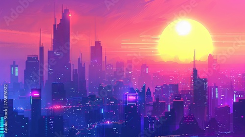 Futuristic evening cityscape against a sunset background  with bright and glowing neon purple and blue lights  depicted in a cyberpunk and retro wave style illustration.