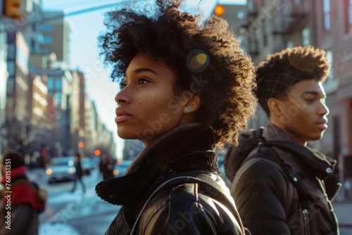 Cinematic shot, black woman in the foreground, black man in the background wearing street fashion clothing. Main street in the city on a blurred background