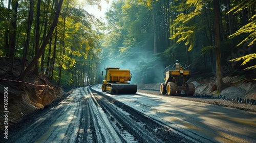 A paver machine paving a new road through the forest. Generated AI image