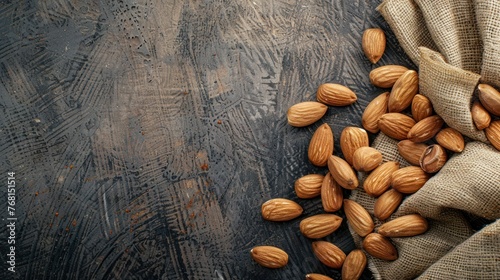 Group dry healthy food of almond nuts seeds on brown sack background. AI generated image