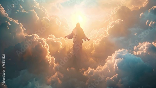 God in the clouds. The resurrected Jesus Christ ascending to heaven above the bright light sky and clouds and God, Heaven and Second Coming concept 4k video photo