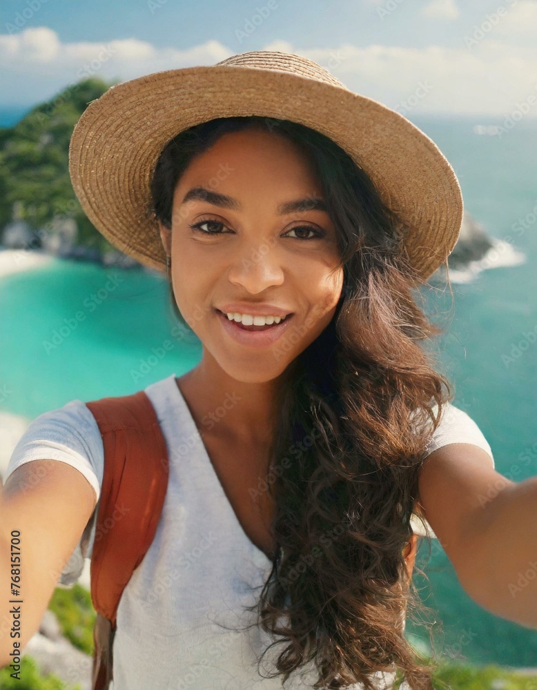 Happy attractive tanned woman making selfie and smile to camera on amazing sea view 