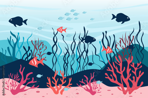 Undersea world. Underwater seascape, tropical schools of colorful fish, carp, reefs and algae. Sea bottom. Vector illustration for design.