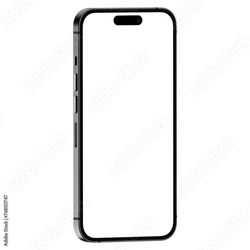 Front side photo of black smartphone similar to iphone without background. Template for mockup 