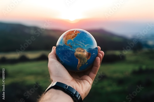 Hand holding globe against scenic backdrop  symbolizing global travel