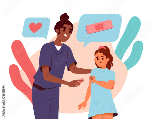 Girl injured her hand. Doctor help schooler withj pain in arm. Health care and treatment, medicine. Schoolgirl suffer from pain in elbow. Cartoon flat vector illustration isolated on white background