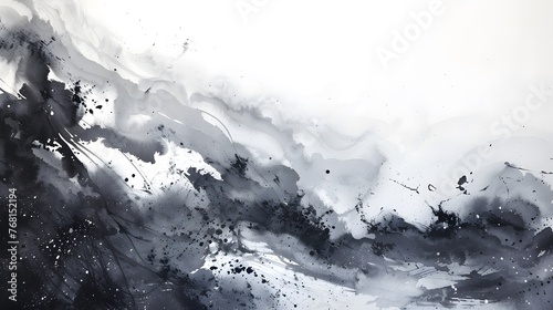 Black ink wash painting of a landscape with Japanese oriental style.
