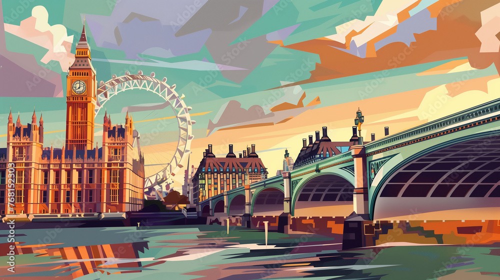 abstract illustration of london england big ben in the background river and bridge in the foreground - obrazy, fototapety, plakaty 