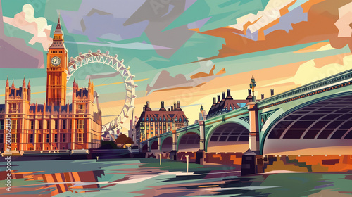 abstract illustration of london england big ben in the background river and bridge in the foreground photo