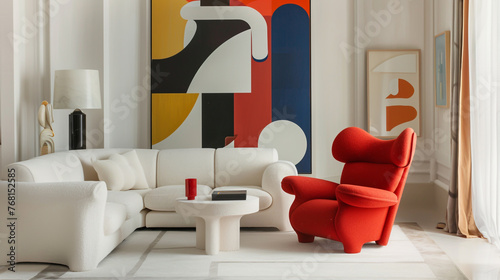 In a bright room, a red wingback chair and white sofa enhance the suprematist style interior.
