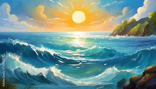 Oil painting of sunset over the ocean with sun in cloudy sky. Sea waves. Natural landscape.