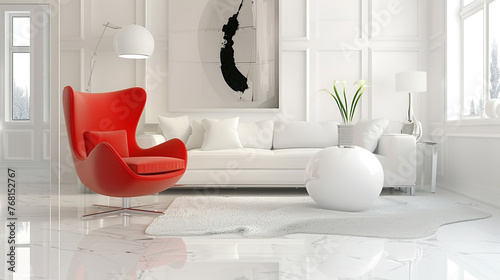 In a brightly lit room, a red wingback chair and white sofa enhance the suprematist interior