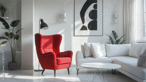 In a well-lit space, a red wingback chair and white sofa enhance the suprematist-style interior .