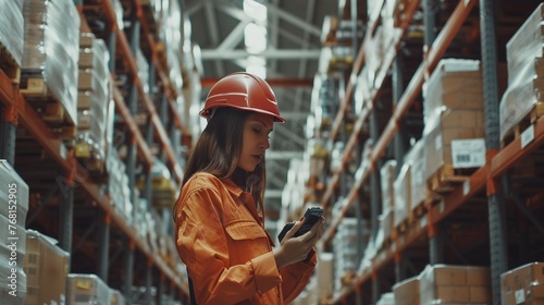 Efficient Inventory Management: Female Warehouse Worker Using Barcode Reader