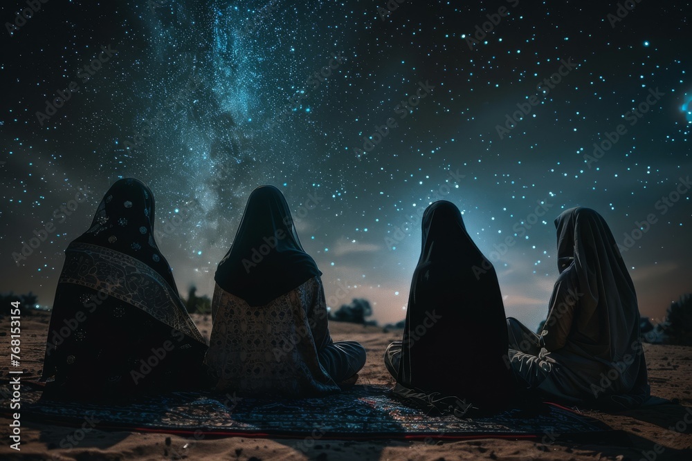 A group of muslim womans is gathered under the starry night sky, appreciating the beauty of the landscape. The scene could be a painting depicting an event in blending art, science, and history