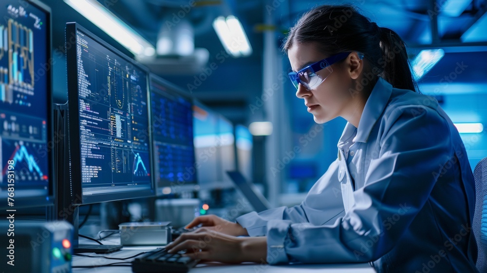 Female Engineer Programming Robotic Machinery: Innovating Manufacturing Processes Female Engineer Programming Robotic Machinery: Innovating Manufacturing Processes