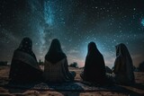 A group of muslim womans is gathered under the starry night sky, appreciating the beauty of the landscape. The scene could be a painting depicting an event in blending art, science, and history