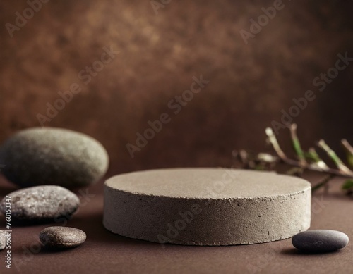  Empty round concrete round platform podium for cosmetics or products with stones on brown background. Minimalistic background with natural materials  dark colors