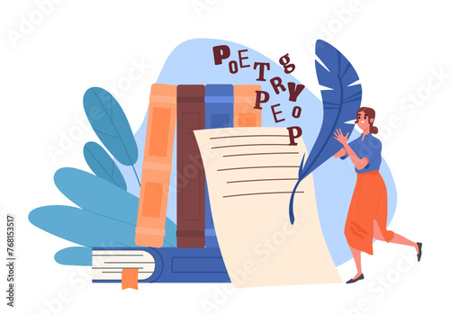 Woman writes poem. Young girl with feather near pape list with books. Talented author with article. Creativity and art, literature. Cartoon flat vector illustration isolated on white background