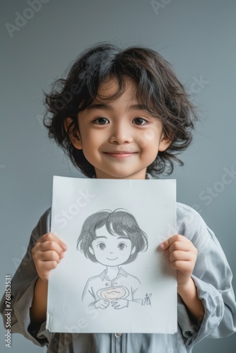 A young boy holds a paper with his own portrait sketched in black pencil, showcasing his budding artistic talent.